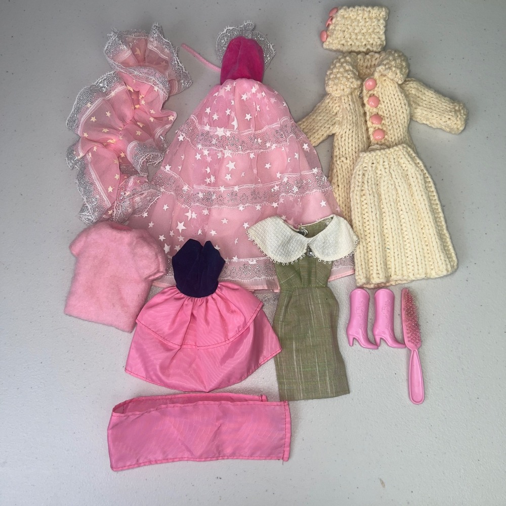 Barbie Doll Clothes Lot Girl 11.5in Pink Green Good Vintage Dresses Knit Coat